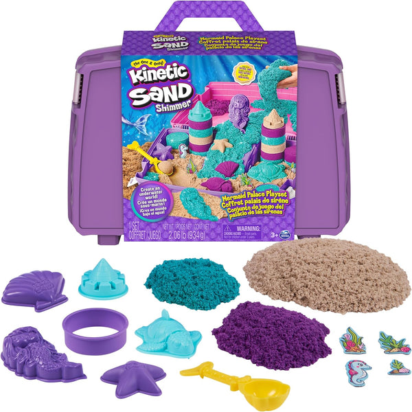 Kinetic Sand, Mermaid Palace Playset, 2.06lbs of Shimmer Play Sand (Neon Purple, Shimmer Teal, and Beach Sand), Reusable Folding Sandbox and Tools, Sensory Toys Kids Ages 3 and Up