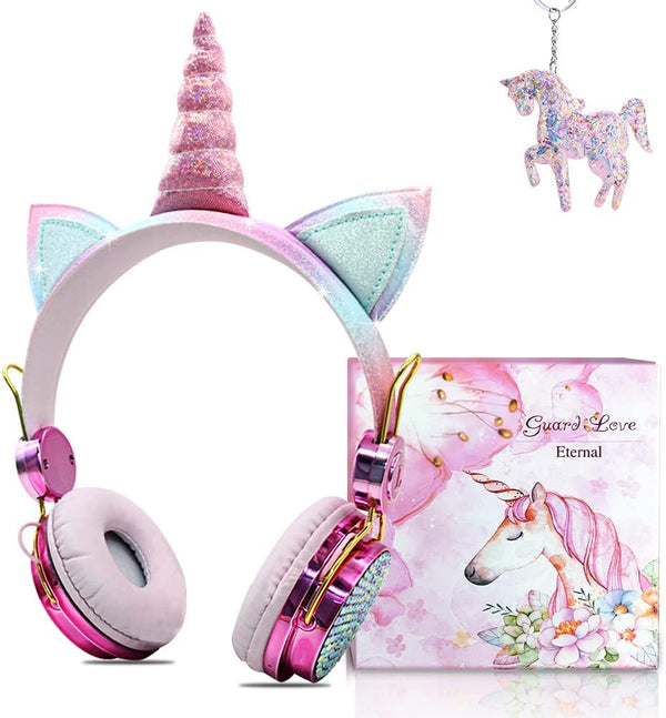 Kids Unicorn Wireless Headphones - Rhinestone Girls Bluetooth Headset with Mic, Safe Volume Limiting, Perfect for Study, Online Streaming, and Birthday Surprises!"